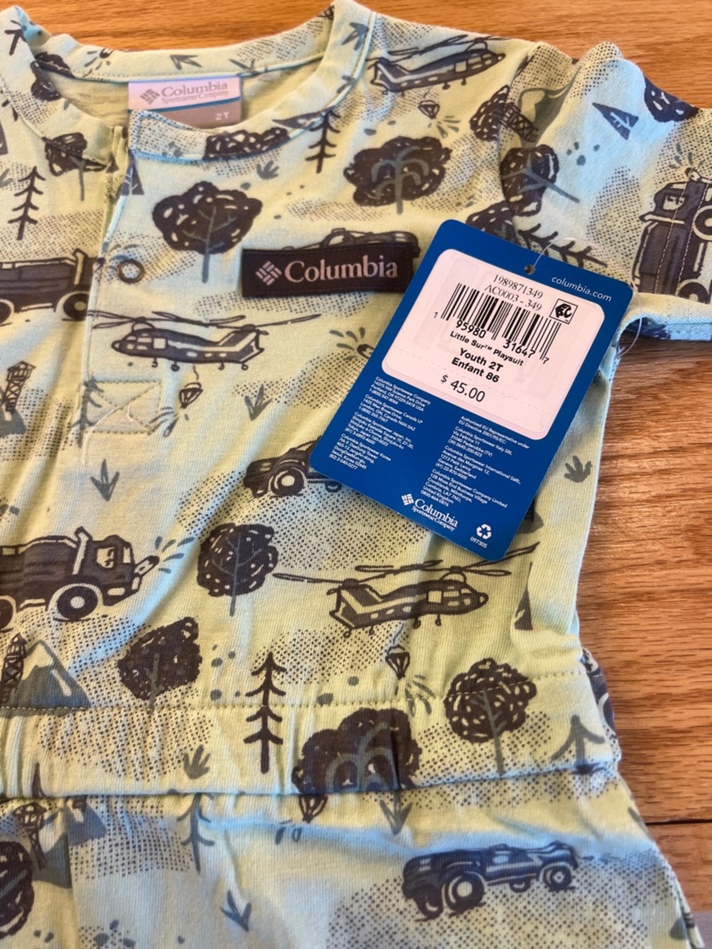 NWT Columbia Sage and Navy Toddler Short Sleeve Romper with Adventure Print - Picture 2 of 2